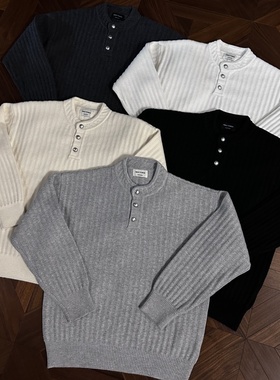 RTIMFD水晶珍珠钻纽扣亨利领针织条纹毛衣老钱风肌理cleanfit简约