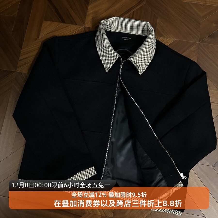 拼接粗纱短款拉链夹克千鸟格