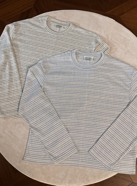 RTIMFD复古蓝灰色条纹圆领长袖 慵懒风boxy休闲短宽恤打底t舒适秋