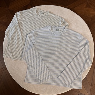 RTIMFD复古蓝灰色条纹圆领长袖 慵懒风boxy休闲短宽恤打底t舒适秋