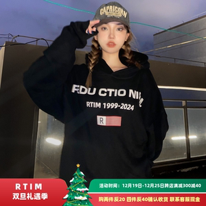 RTIM 复古R国旗发泡植绒印花连帽卫衣OS美式街头拉绒重磅情侣帽衫
