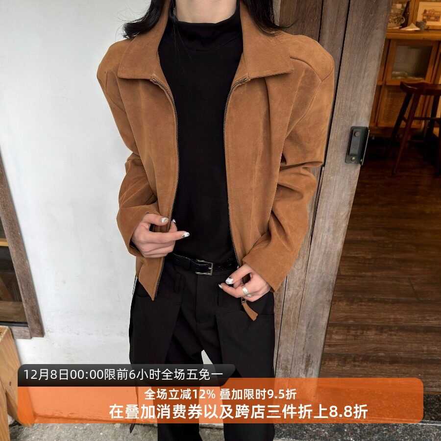 正肩合身翻领夹克麂皮西部进口