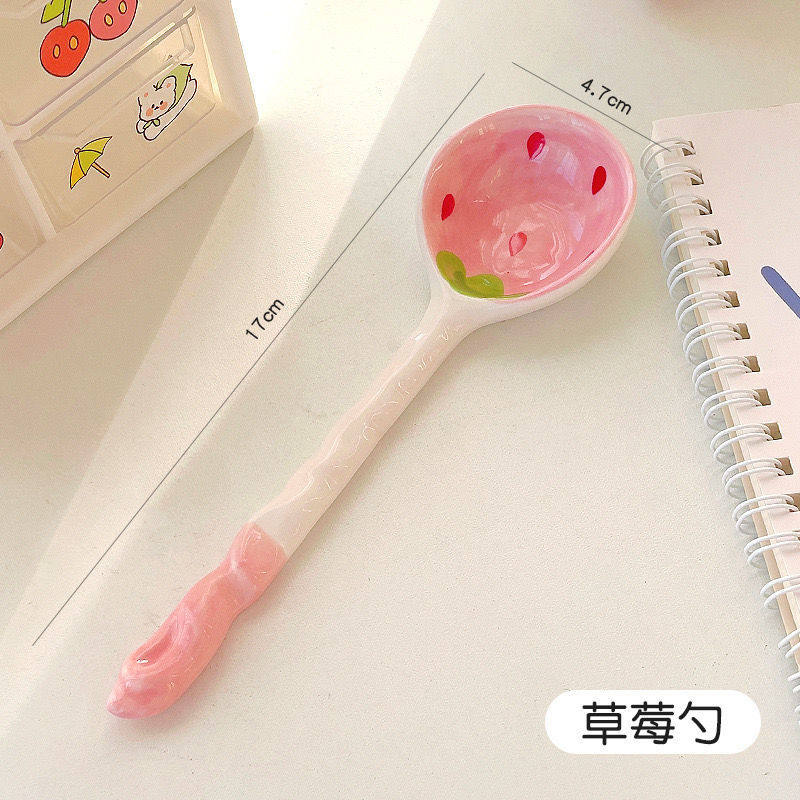 调羹勺甜品勺家用卡通陶瓷长柄汤勺喝汤勺子可爱水果网红汤匙饭勺
