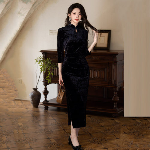 藏青蓝丝绒高端国风新中式秋季长袖旗袍改良年轻款女高级感复古秋