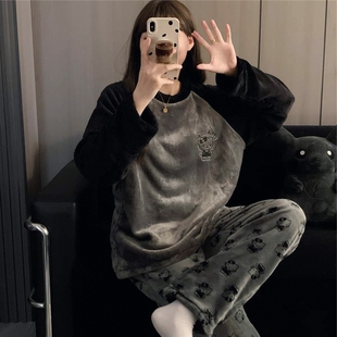 珊瑚绒睡衣女秋冬季简约可爱情侣圆领保暖冬天加绒加厚套装家居服