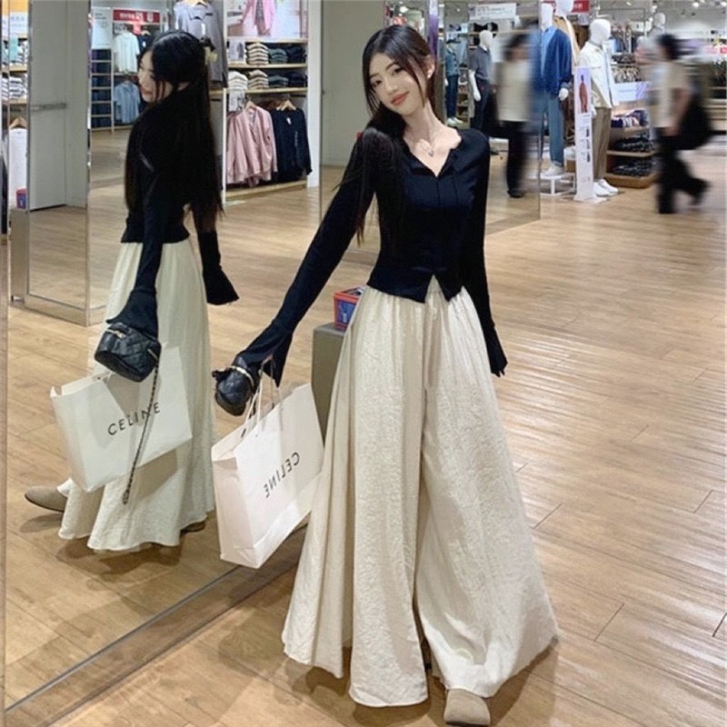 秋季新款女装套装休闲时尚v领喇叭袖上衣阔腿裤裙今年流行两件套,女装/女士精品,时尚套装,淘宝优惠券,粉丝福利购,淘宝优惠卷