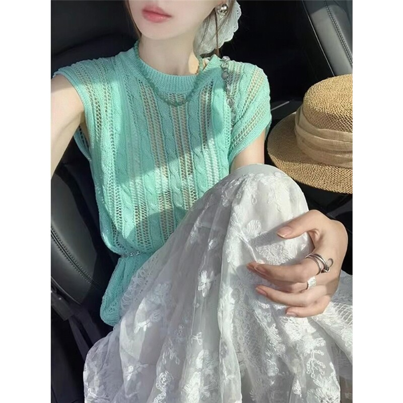 韩系薄荷曼波绿色针织镂空t恤女夏季多巴胺设计感上衣小个子短袖图片