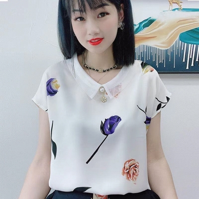 2025夏季新款洋气衣服女夏娃娃领妈妈装夏装雪纺上衣短袖宽松T恤