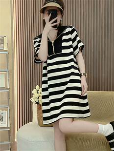 夏天短袖条纹连衣裙加大码胖妹妹女装300斤200宽松小个子直筒裙子