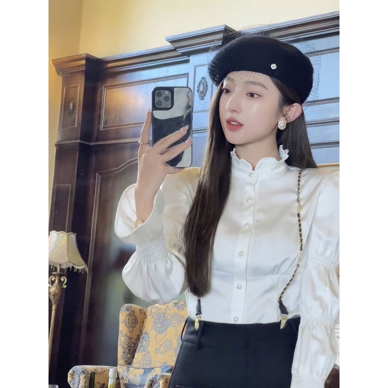 高级感法式立领衬衫春秋季小众设计感缎面衬衣洋气小衫泡泡袖上衣