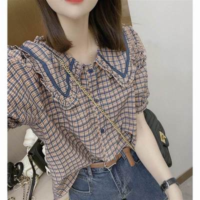 娃娃领泡泡袖格子衬衫女2025夏季新款设计感小众别致百搭上衣