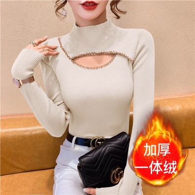 秋冬新款重工半高领钉珠镶钻毛衣打底衫女镂空设计感小众内搭上衣