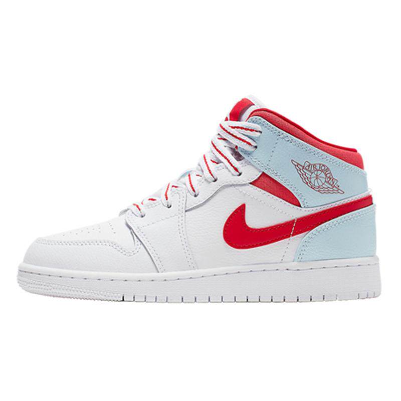 Air Jordan 1 Mid TOPAZ MIST 中帮复古防滑篮球鞋 (GS) 白红