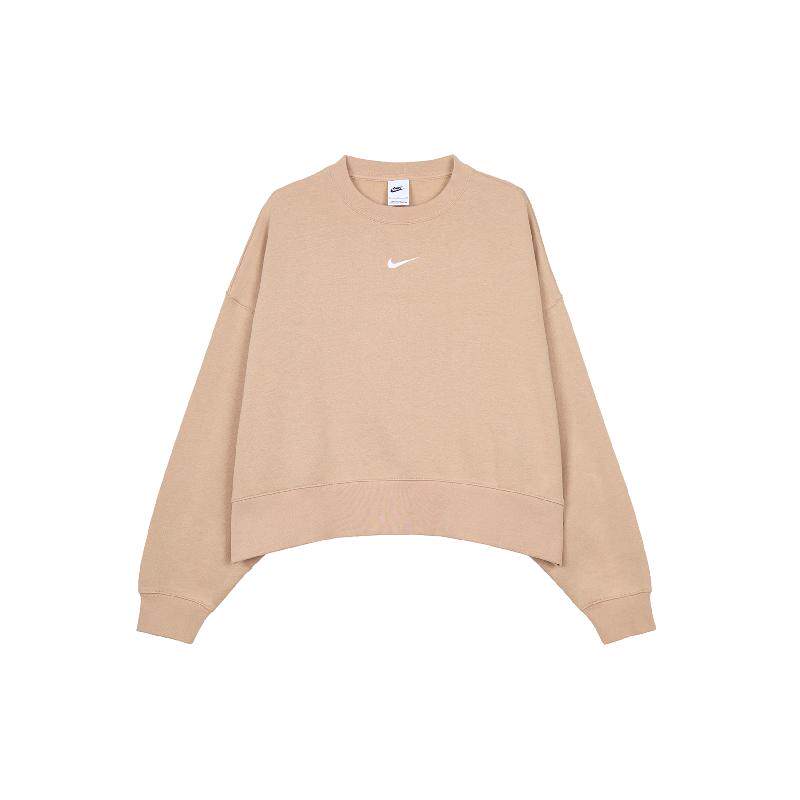 Nike 短款纯色logo刺绣圆领套头卫衣 女款 麻黄色