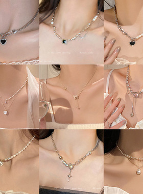 ins风珍珠项链女百搭小众设计感轻奢锁骨链爱心吊坠饰品
