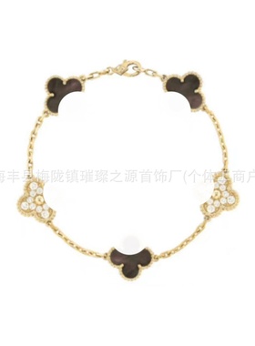 V金CNC精雕四叶草五花手链女镀厚18K金天然红玛瑙白贝母工厂直销