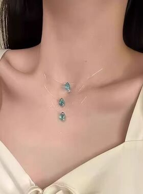 2025新款蓝绿色水滴琉璃隐形鱼线项链女简约清冷感多层叠戴锁骨链