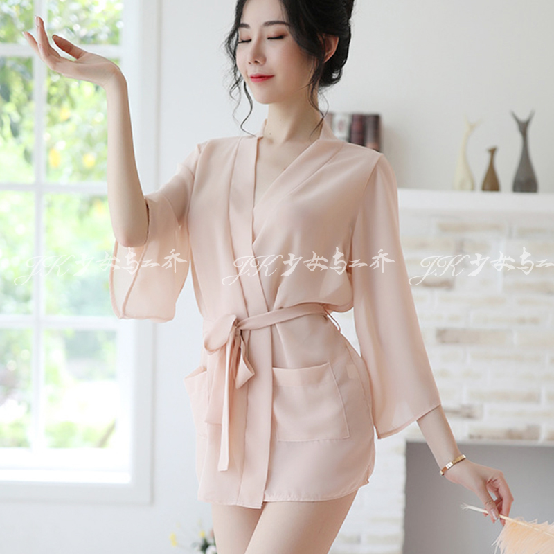 JK少女与二乔/性感睡衣女神一片式系带收腰舒适镂空闺房方便浴袍