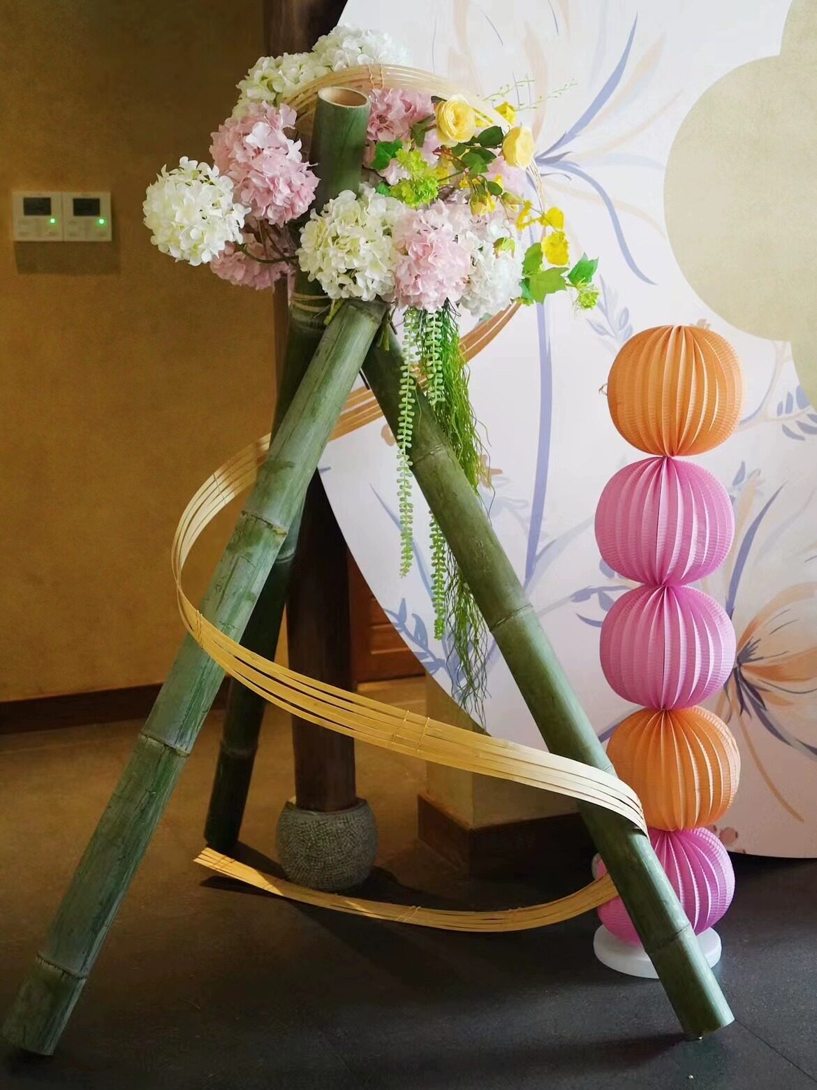婚庆宴绿竹子支架三脚架三角支撑架插花摆件楠毛竹筒制品新鲜装饰