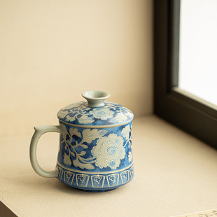 跨境景德镇汝窑元青花茶杯办公杯主人杯搭把手喝水杯陶瓷茶具办公