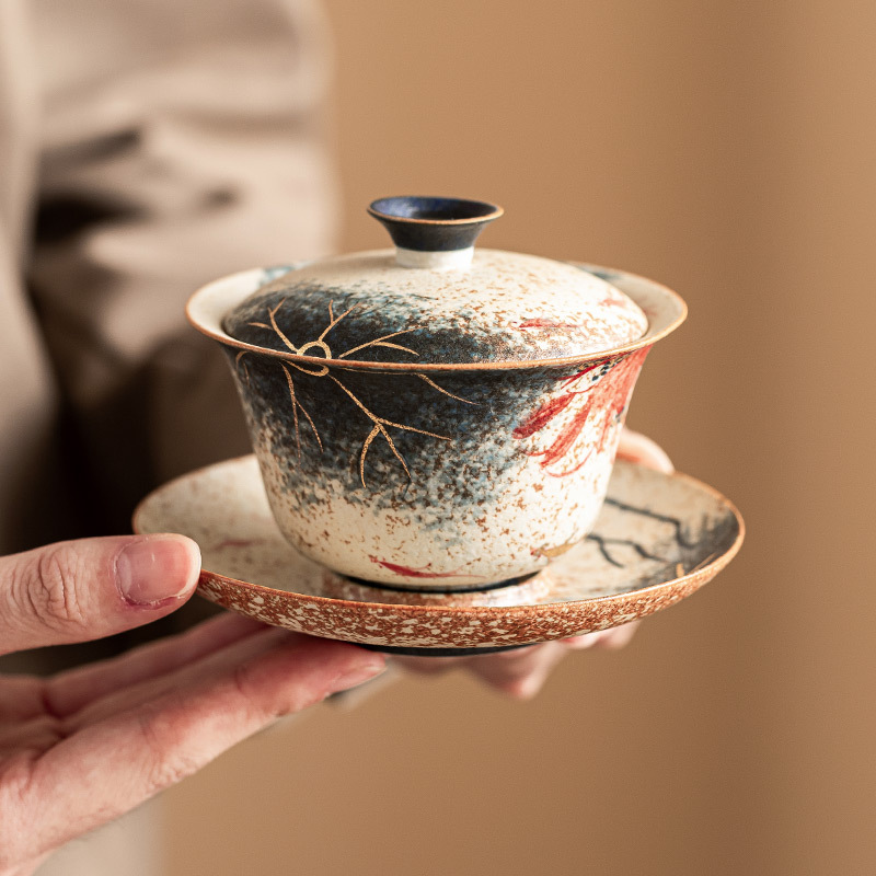 青花火石红三才盖碗描金手绘荷