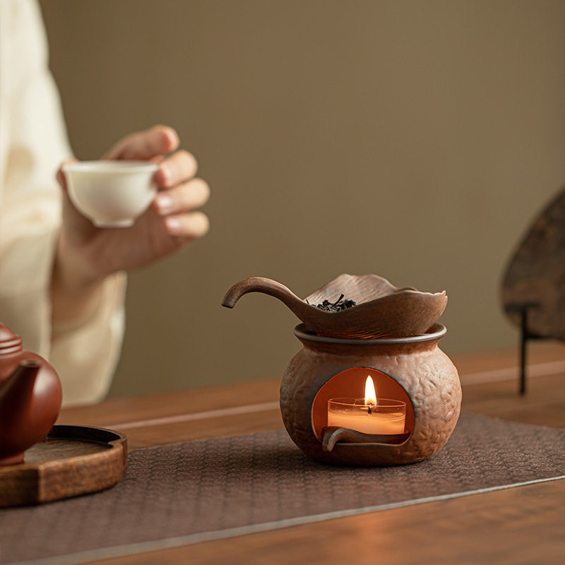 复古粗陶老岩泥温茶炉蜡烛树叶