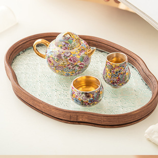 跨境万花福禄鎏金功夫茶具套装轻奢高档一壶两杯带茶盘泡茶壶茶杯