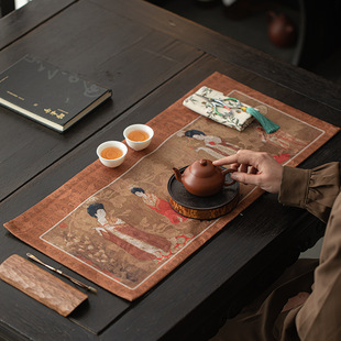 跨境国云纱仕女图干泡茶席绸缎棉麻布制茶席茶桌装饰茶具茶道配件