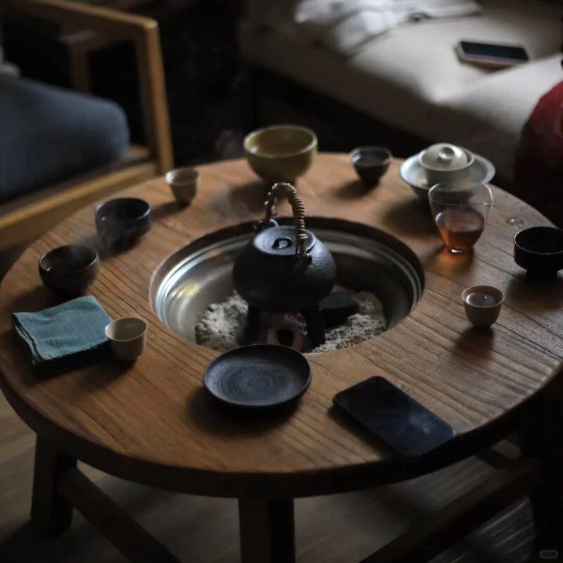 炭火围炉煮茶桌户外庭院老榆木小圆桌取暖烧烤火锅桌子折叠碳火炉