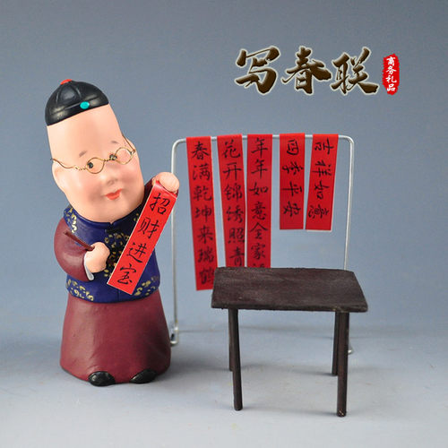 中国风天津泥人张彩塑红泥坊摆件
