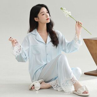 春秋季 纯色家居套装 蕾丝镂空套装 长袖 可刺绣 冰丝睡衣法式 2025新款