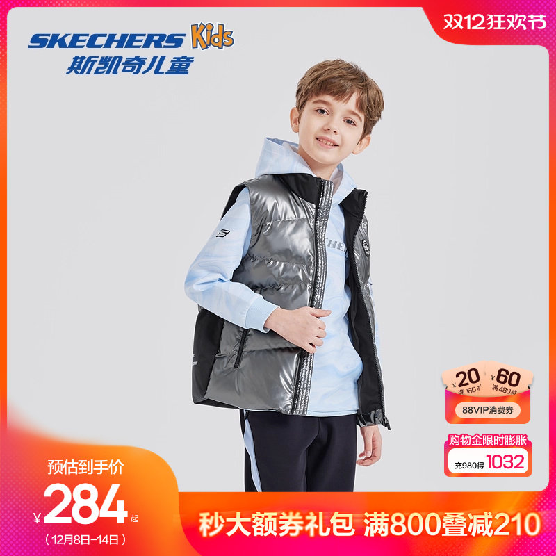 Skechers斯凯奇童装儿童保暖外套冬季新款男女童鸭绒梭织羽绒背心