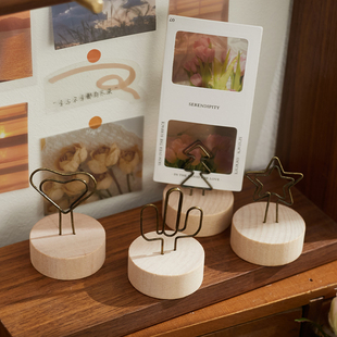 盐岛时光 创意桌面装饰照片夹摆件留言夹 复古原木便签夹子立式