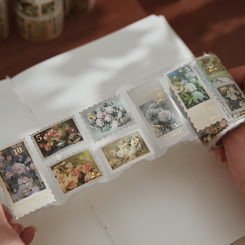 盐岛时光花风春雾烫金邮票胶带