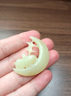黄白老玉吊坠月上兔挂件天然玉石和田玉兔吊坠保真一物一图
