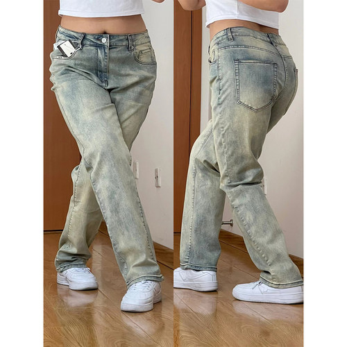 特大码胖mm美式黄泥染做旧牛仔裤女显瘦高街vibe风直筒长裤子ins