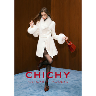 【柔软绵羊毛】CHICHY狐狸毛白色中长款收腰毛呢大衣外套女冬新款