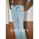 女春季 款 浅蓝色高腰修身 CHICHY洋气千金高级烫钻微喇牛仔裤 长裤 子