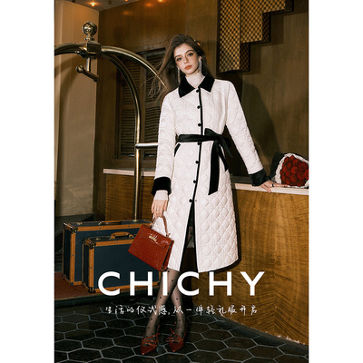 CHICHY米白色长款收腰鹅绒羽绒服