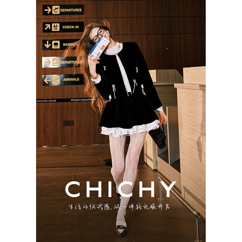 CHICHY名媛千金风丝绒小香风套装