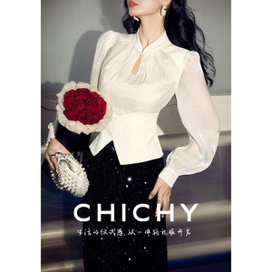 CHICHY千金风新中式拼接设计感衬衫女2024秋季新款白色轻国风上衣