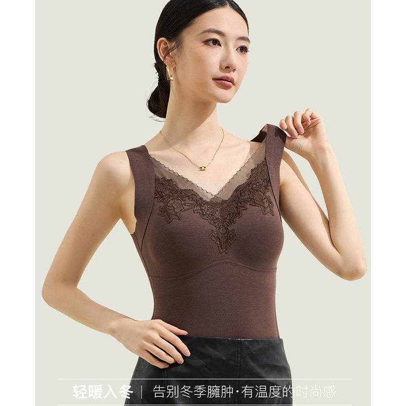 超级立减保暖背心带胸垫一体式免穿文胸蕾丝无痕修身显瘦打底内衣