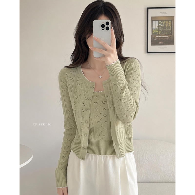 超级立减韩系拼接针织背心外搭长袖开衫两件套秋季短款外套上衣女