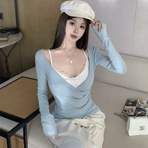 超级立减纯欲套装女v领长袖T恤春季吊带背心叠穿上衣两件5b819