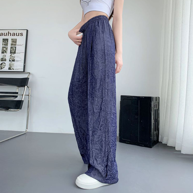 高腰阔腿长裤冰丝亮面肌理感褶皱女夏季醋酸缎面垂感凉爽休闲裤子