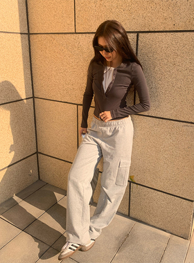 A DoOr 工装风加薄绒运动裤灰色Amber直筒休闲亲肤柔软长裤加长