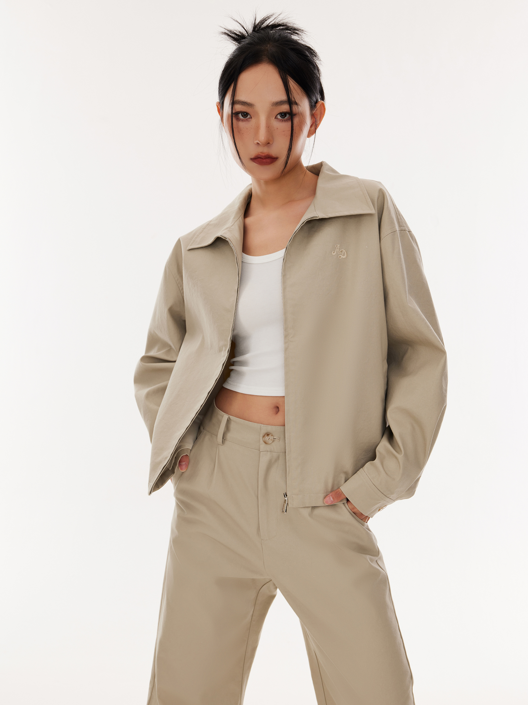 复古工装短款拉链套装休闲辣妹风