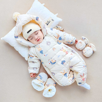 睿也婴儿连体羽绒服冬季装新生儿连体衣外出衣服男女宝宝哈衣抱服