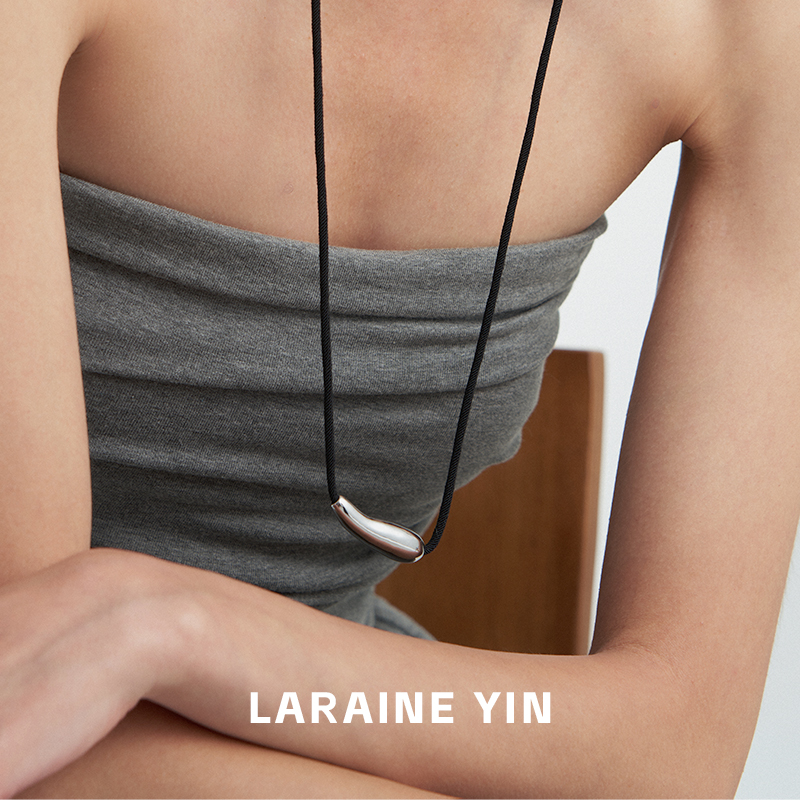 欧美简约冷淡风金属水滴吊坠项链黑皮绳长款可调节毛衣链