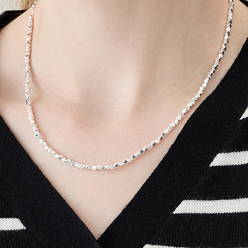 通体银切面银珠项链锁骨链